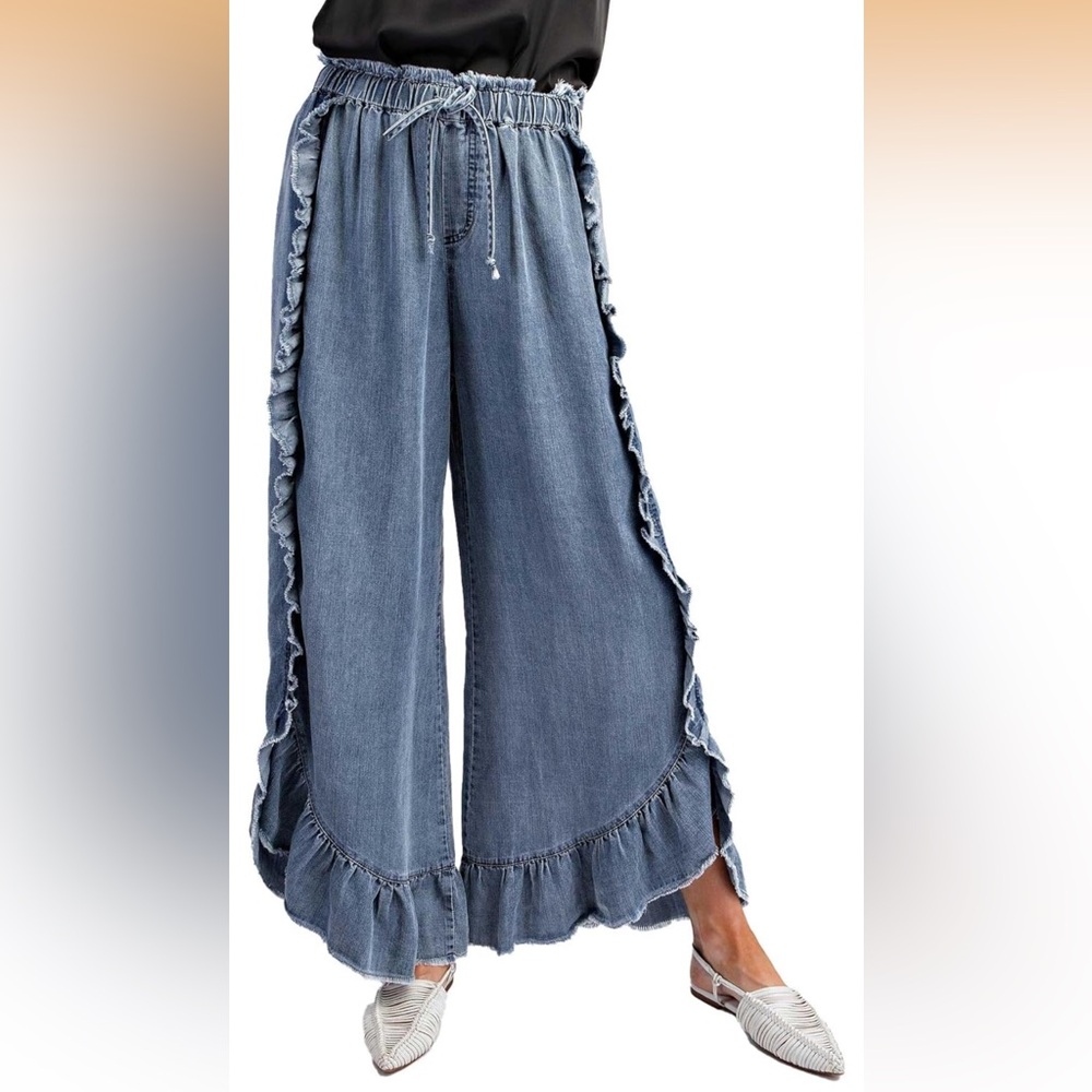 Easel Chambray Pants with Wide Leg Ruffle Details in Washed Denim